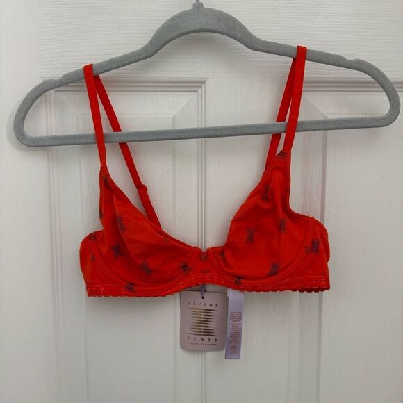NWT Savage X Fenty Cotton Jersey Unlined Bra Size 34A  Orange Red Logo - Picture 1 of 3